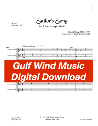 Sailors Song for 8-part trumpet choir, by Edvard Grieg, arr. Johnson - DIGITAL